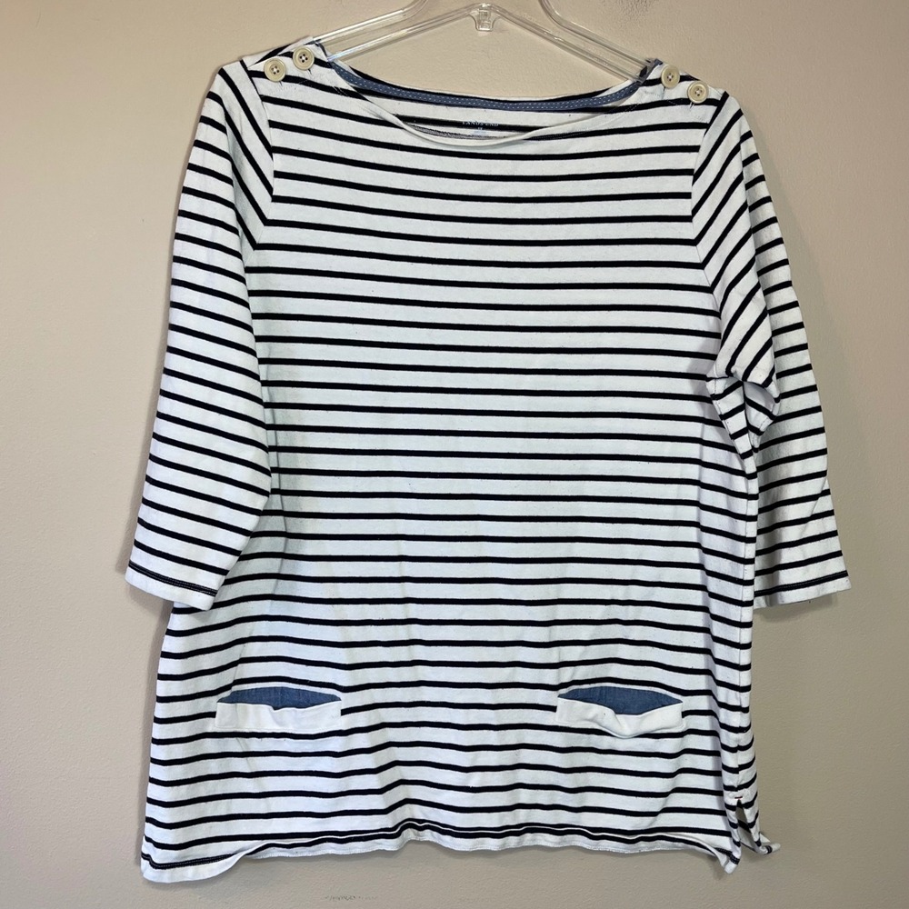 Lands End Womens Striped Boat Neck 3/4 Sleeve Button Shoulder Pocket Top XL